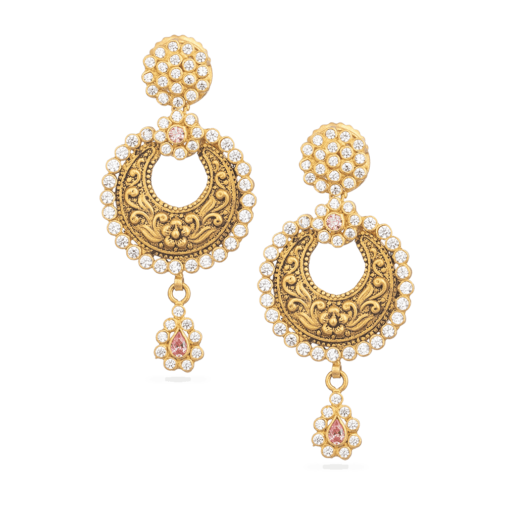 Asian Gold Earrings Studded With Polki Stones 28880 - Asian Gold Earrings Studded With Polki Stones