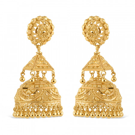 22ct Gold Jhumkha Earrings | 1.75 Inches | Jali Filigree Collection