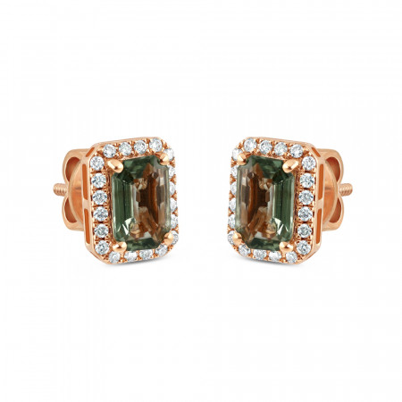 18ct Rose Gold Diamond and Green Sapphire Stud Earrings