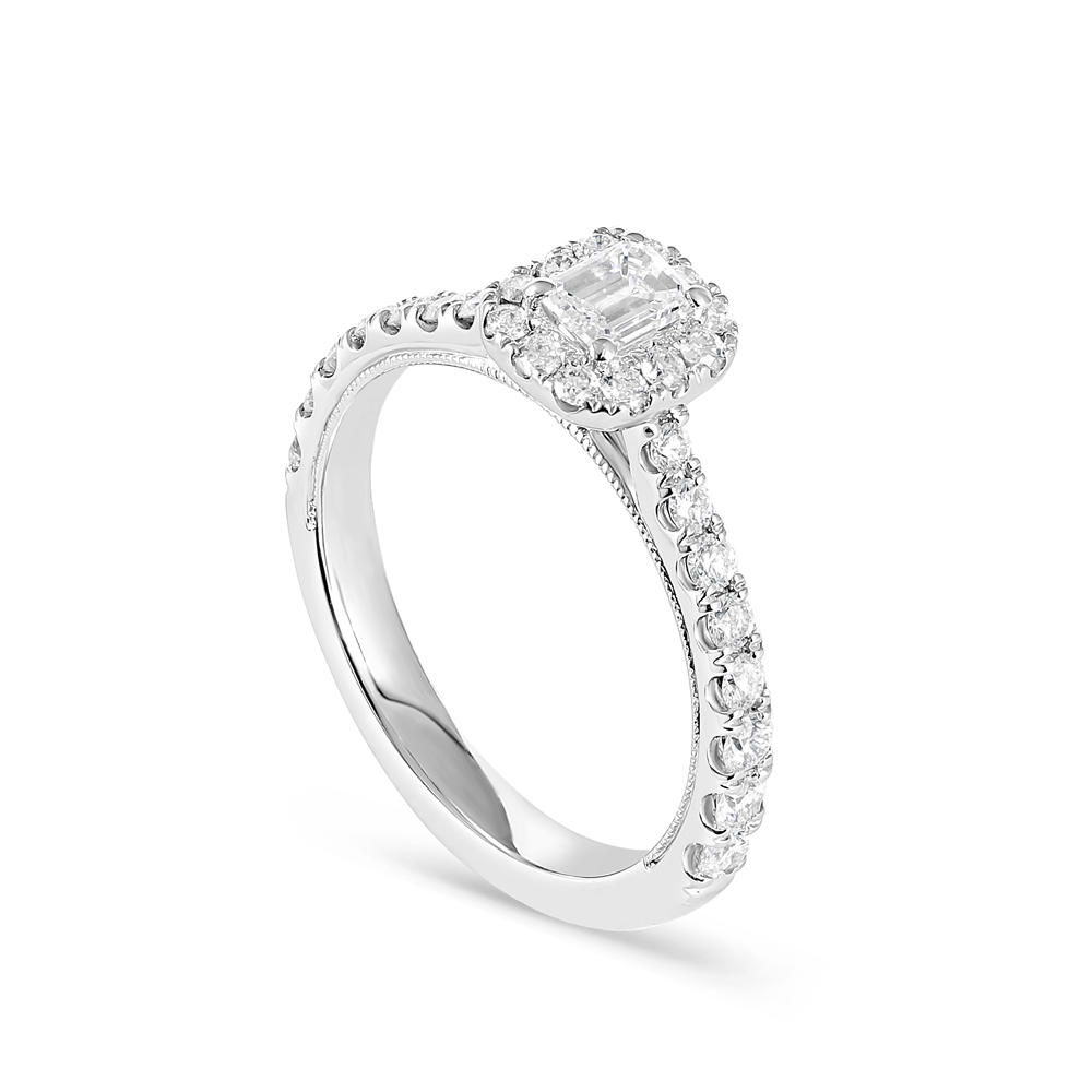 Platinum Single Halo Ring with Emerald center diamond